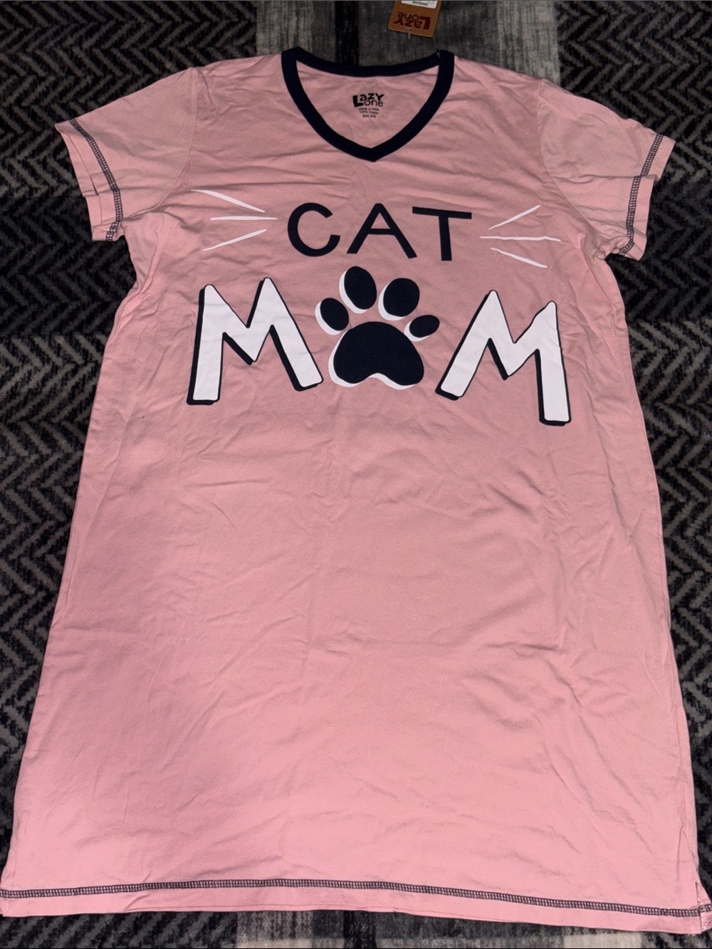 Lazy One Pink "Cat Mom" Short Sleeve Nightshirt with Black Paw Graphic